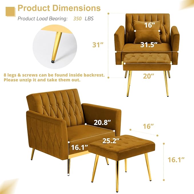 Velvet Accent Chair with Adjustable Armrests and Backrest Button Tufted Lounge Chair Single Recliner Armchair with Ottoman and Pillow for Living Room Bedroom Ginger