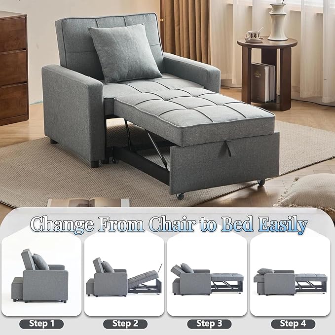 3-in-1 Convertible Sleeper Chair Pullout Chair with Extra Pillow Recliner Sofa Bed with 4 Adjustable Angles Convertible Lazy Sofa Bed for Small Spaces Home Office Light Gray