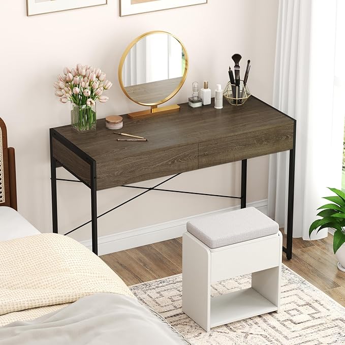 Tangkula Computer Desk with 2 Drawers 44 Inch Home Office Desk with Metal Frame &amp Anti-Toppling Device Modern Writing Desk Study Desk Compact Laptop PC Desk for Small Space (Grey)