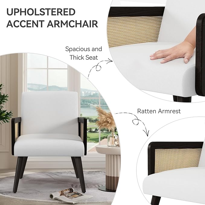 Accent Chair with Rattan Arms Living Room Chairs with Wood Legs Modern Armchair for Bedroom Lounge Chair Indoor for Reading Room Kitchen White