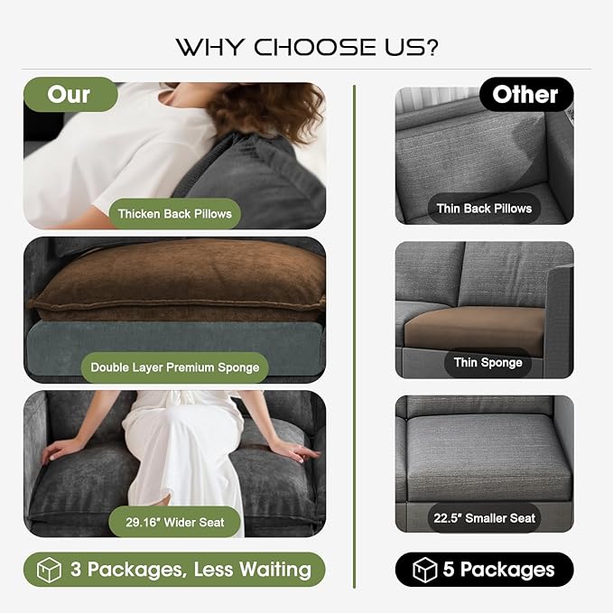 97 L Shaped Sectional Couch Comfy Chenille Cloud Couch 5 Seat Modular Cloud Sofa with 2 Pillows &amp Storage Armrests Convertible V Shaped Corner Couch Sectional Couches for Living Room Grey