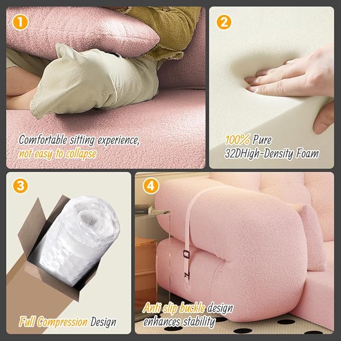 78.7 Folding Sofa Bed Queen Foldable Floor Futon Sofa Sleeper Convertible Boneless Mattress Loveseat Cloud Couch for Home Living Room Bedroom Lounge Apartment and Small Spaces Pink Teddy