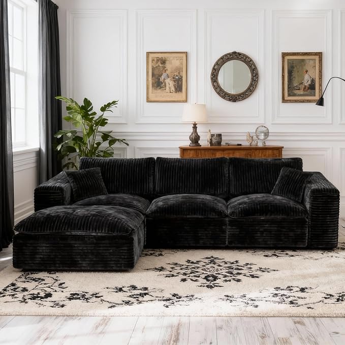 108'' Modular Sectional Sofa with Ottoman Corduroy Cloud Sectional Couches for Living Room High-Back Modern L Shaped Boneless Couch Deep Seat 3 Seater Sofa No Assembly Required Black
