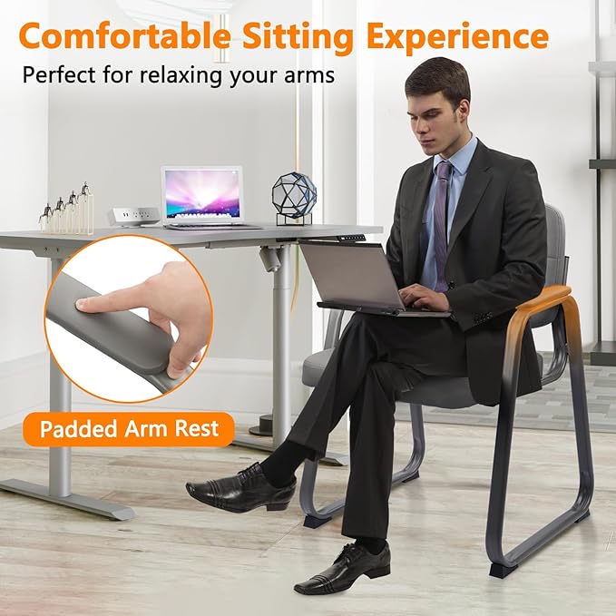 CLATINA Leather Office Guest Waiting Room Chair with Sled Base Reception Chair No Wheels with Armrests and Lumber Support Stationary Desk Armchair for Meeting Conference Lobby Shool Grey 2 PK