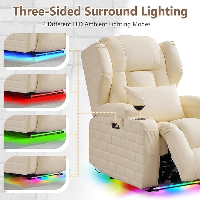Wall Hugger Power Recliner Chair with Heat and Massage Overstuffed Reclining Sofa Chair for Living Room Home Theater RV with 3-Side LED Lights/Cup Holders/USB &amp Type C Port (White)