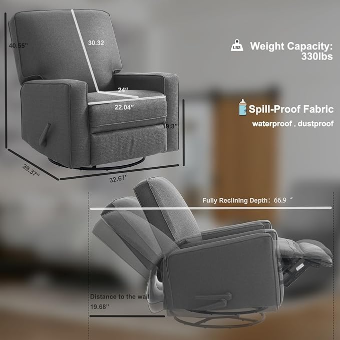 Harkawon Swivel Rocker Recliner Chair Glider Rocker Recliner Rocking Chair Nursery Fabric Chair with High Back Deep Seat for Living Room Bedroom (Dark Grey)