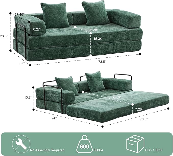 Folding Sofa Bed Modular Sectional Cloud Couch Convertible Sleeper Sofa Bed with Pillow Back Support Armrest for Living Room Bedroom Lounge No Assembly Required Chenille(Dark Green)