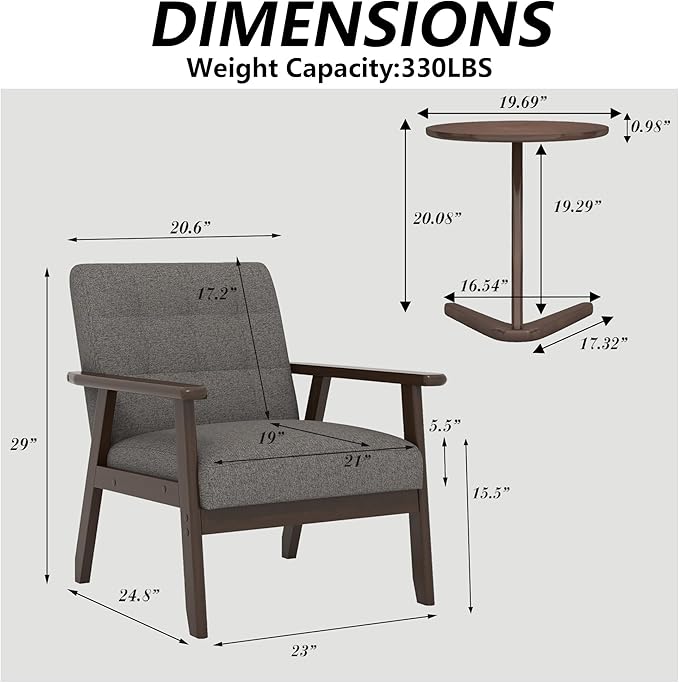 Modern Accent Chair with Wooden Table Upholstered Linen Fabric Leisure Side Chair with Arm Rest and Wooden Frame for Living Room Bedroom Reading (Gray)