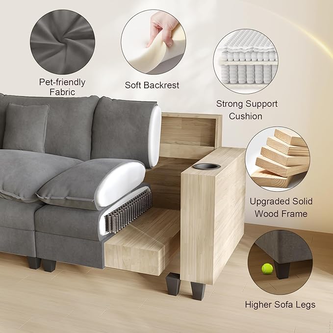 152 L Shaped Sectional Couch Chenille Sectional Couches for Living Room Modular Cloud Couch with Movable Ottoman Modern Cloud Sofa with Charging Station Cup Holder Side Pocket Grey