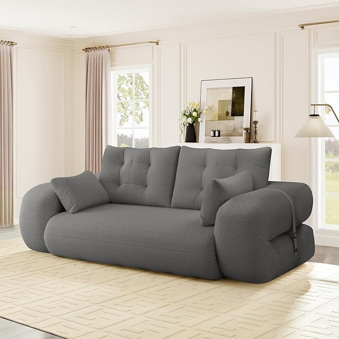 Convertible Sofa Bed with Folding Mattress Oversized Human Dog Bed 3-in-1 Sleeper Couch with Pillows and Thick Armrests 78.7 King Size Floor Sofa for Living Room Bedroom Guest Room Grey Teddy