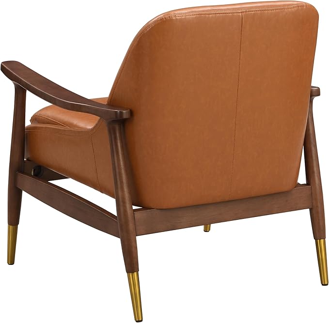 29.2 Mid-Century Modern Faux Leather Accent Chair with Padded Seat Solid Wood Frame &amp Brass Leg Caps - Perfect for Living Room Bedroom or Office Lounge (Brown)