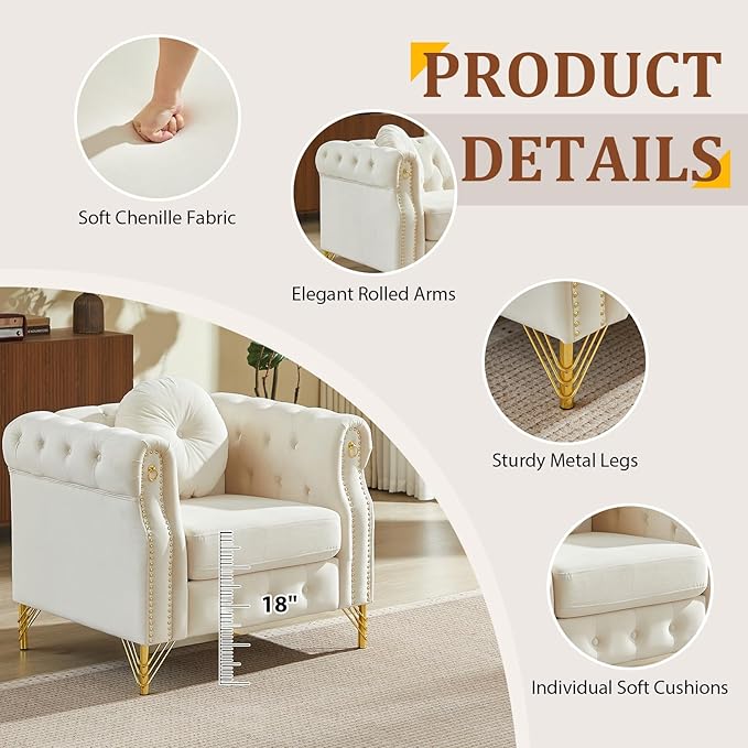 Chesterfield Velvet Button Tufted Sofa 37 inch Modern Deep Seater Couch Retro Style Upholstered Comfy Single Chair for Living Room Bedroom Apartment Office Beige