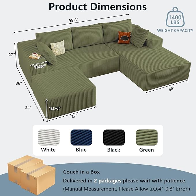 96 U Shaped Cloud Sectional Couch with Fluffy Corduroy Deep Memory Foam Seats Sofa with 1 Ottoman for Living Room No Assembly Required(GreenRight-Facing Chaise)