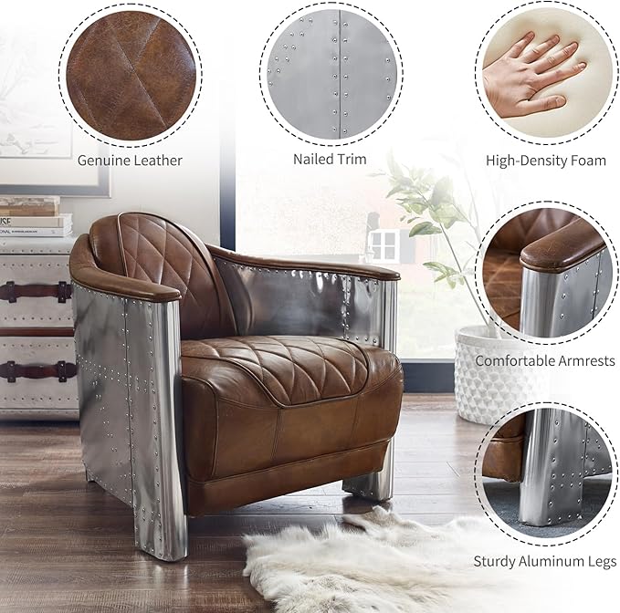 Zouron Genuine Leather Living Room Chair Mid Century Modern Single Sofa Chair in Aluminum Vintage Barrel Accent Chair for Living Room Bedroom Home Office Cognac