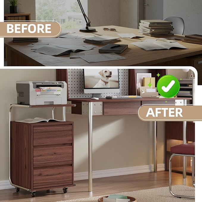 JOMEED 3 Drawer File Cabinet with Extended Desktop Lockable Wheels Under/Beside Desk Storage and Organizer Cabinet for Home Office Small Rolling File Chest Printer Stand Modern Style Walnut Large
