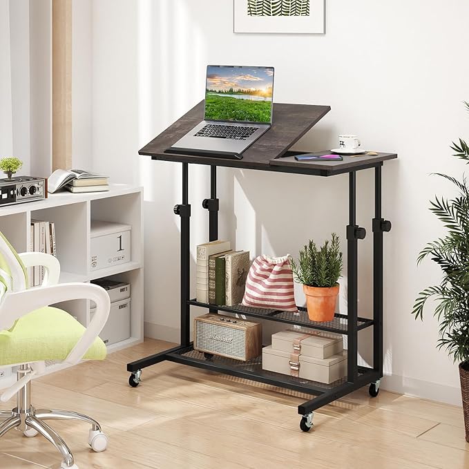 Giantex Mobile Standing Desk Adjustable Rolling Computer Desk w/Tilting Desktop &amp Storage Shelves PC Laptop Table Small Compact Desk on Wheels for Small Space Living Room &amp Bedroom (Black