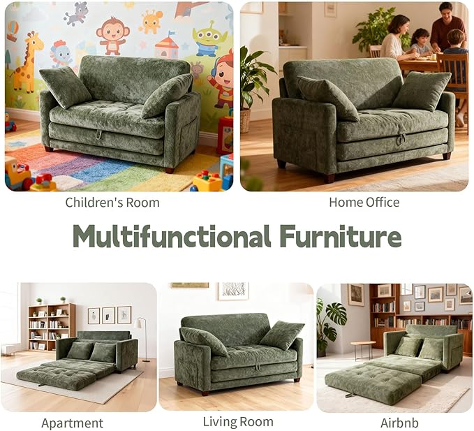 2-in-1 Convertible Loveseat Sofa Bed - Folding Pull-Out with Deep Seat 2 Pillows &amp Solid Steel Frame Loveseat Sleeper Sofa Bed for Small Spaces Apartment Living Room &amp Guest Room (Green Ch