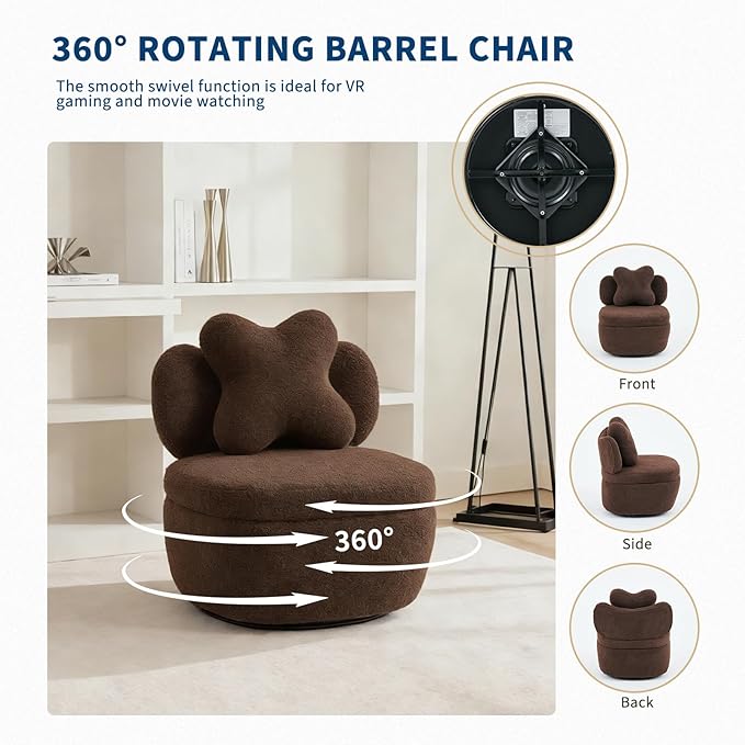 GarveeHome Teddy Velvet Swivel Accent Chair with Storage 360° Rotating Barrel Chair with Star Pillow Upholstered Comfy Single Sofa Chair for Living Room Bedroom Small Spaces Coffee