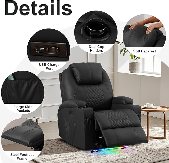 AHMED Power Recliner Chair with Vibration Massage &amp Heat for Adults Faux Leather Home Theater Seating with Cup Holders/LED Lights/USB Ports/Side Pockets for Living Room Black