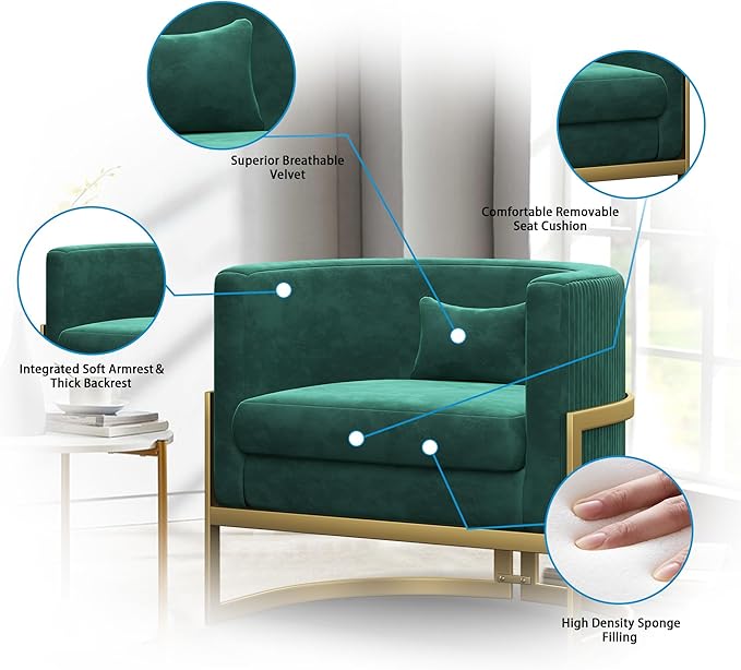 Alunaune Modern Living Room Chair Velvet Barrel Accent Chairs Armchair Upholstered Lounge Chair Mid Century Tub Bucket Club Side Chair Sofa for Bedroom-Green