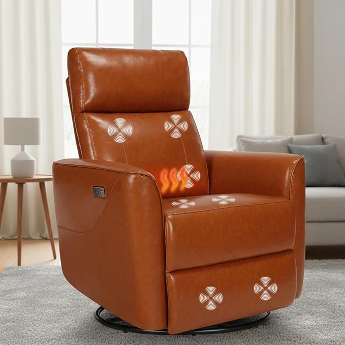 Himimi Power Recliner Chair Swivel Recliner Chair for Adults Faux Leather Single Sofa with Massage and Heat Small Space Side Pocket USB Charging Living Room Orange-Brown