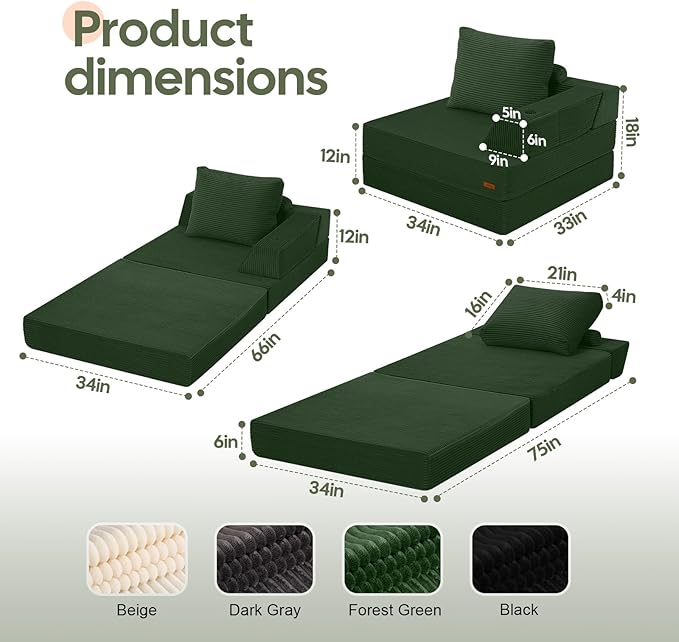 COMAX Folding Sofa Bed Foldable Couch for Bedroom Corduroy Convertible Floor Sleeper Futon Chair Foam 3 in 1 Fold Out Chair Portable Comfy Lounge Couch Single Sofa Bed for Small Space Guest Room