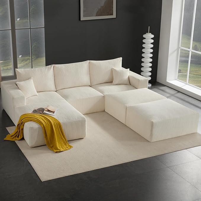 113 Modular Sectional Couch Cloud Boneless Sofa with Deep Seats Upholstered Corduroy Sofa Bed with Loung Chaise 3-Seater Couches for Living Room No Assembly Required Beige