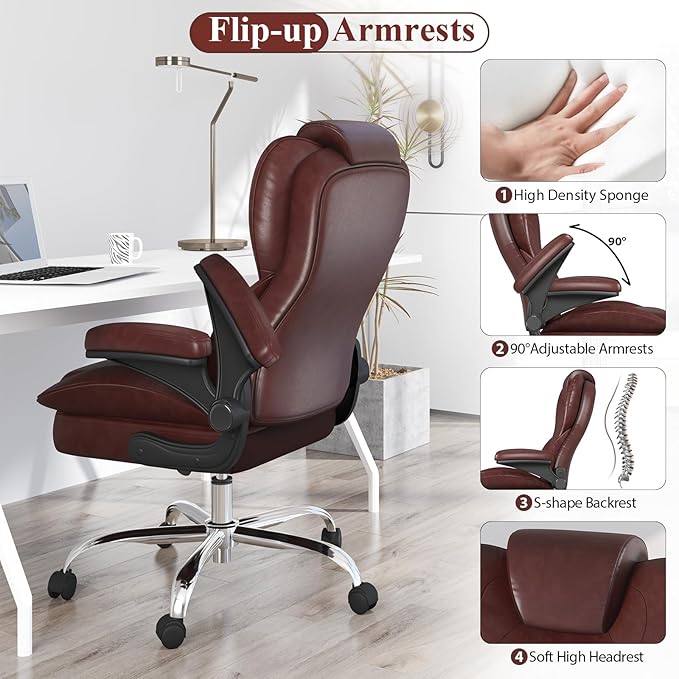 Office Desk Chair Executive Leather Office Chair High Back Ergonomic Home Desk Chair with Padded Flip-up Arms Big and Tall Computer Chair with Rocking Function 360°Swivel Free Brown