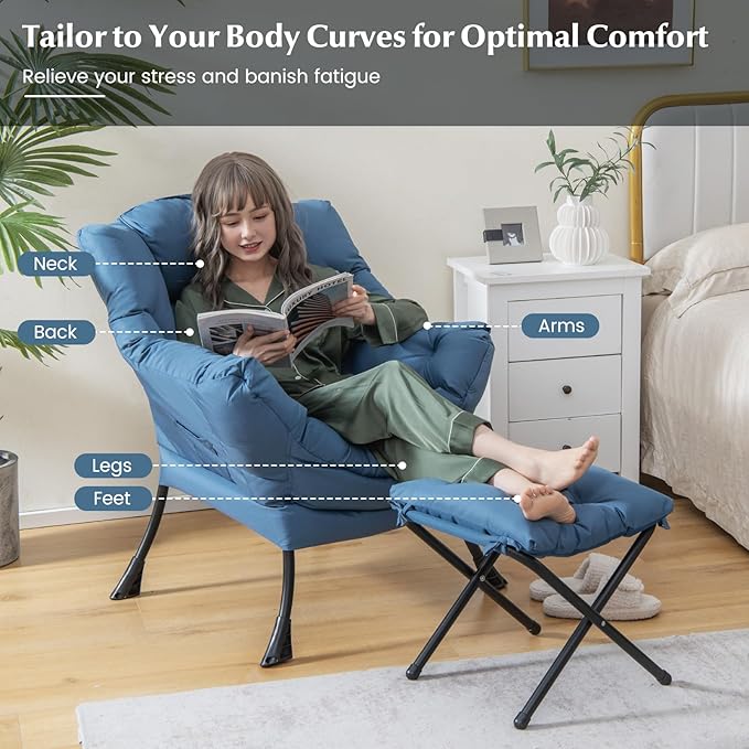 GORELAX Lazy Chair with Ottoman Modern Accent Chair w/Armrests &amp Side Pocket Upholstered Lounge Sofa Chair &amp Folding Footstool Set Reading Chair for Bedroom Living Room Dorm Room (Navy)