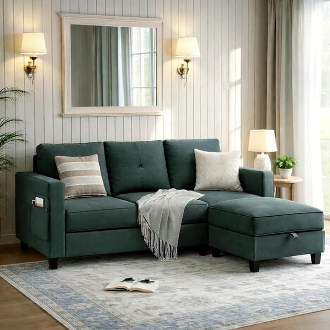 JAMFLY Convertible L-Shaped Sectional Sofa with Reversible Storage Ottoman 3-Seat Modern Fabric Couch for Living Room Small Space Apartment Sofa with Side Pockets &amp Firm Cushions Grey Linen