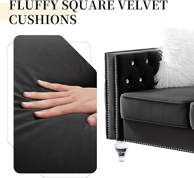 83 Chesterfield Sofa Velvet Mid-Century Modern Upholstered Couch with 2 Throw Pillows and Acrylic Legs Nailhead Button Tufted Vintage Sofa for Living Room Apartment Office Black