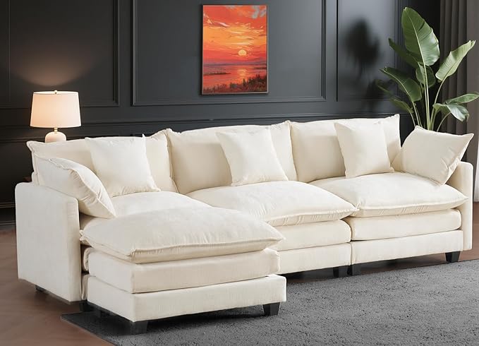 111.4 Modular Sectional Sofa｜Comfy Cloud Couch with Movable Ottoman Deep Seat｜Chenille L Shaped Modular Sofa Sectional Couches for Living Room Bedroom and Apartment｜Beige