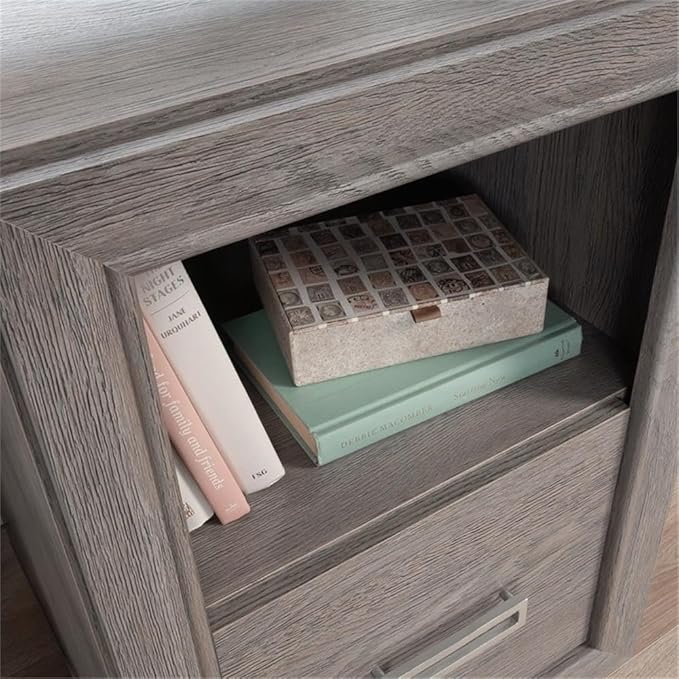 Pemberly Row Contemporary Engineered Wood Desk Ashen Oak Finish 47 in Wide with File Drawer Open Shelf Cord Management System Modern Home Office or Workspace Furniture