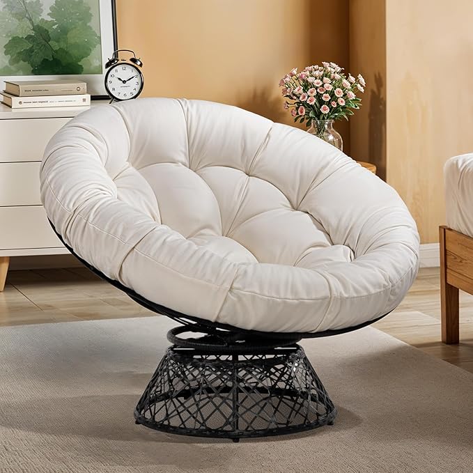 Bme 40 Ergonomic Wicker Papasan Chair with Soft Thick Density Fabric Cushion High Capacity Steel Frame 360 Degree Swivel for Living Bedroom Reading Room Lounge