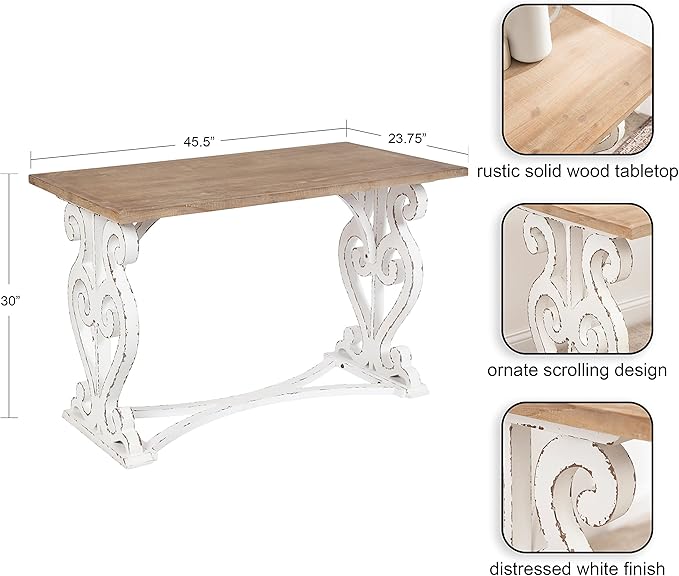 Kate and Laurel Wyldwood Farmhouse Wooden Desk 46 x 24 x 30 Brown and White Rustic Carved Wood Computer Desk for Functional and Stylish Home Office Decor