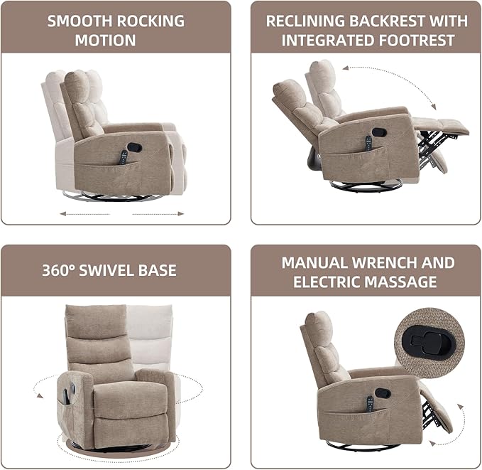 PELUMY 360° Swivel Rocker Recliner with Heat &amp Vibration Massage Glider Rocking Chair for Adults Compact Recliner for Living Room Small Spaces Nursery Bedroom (Chenille Khaki)