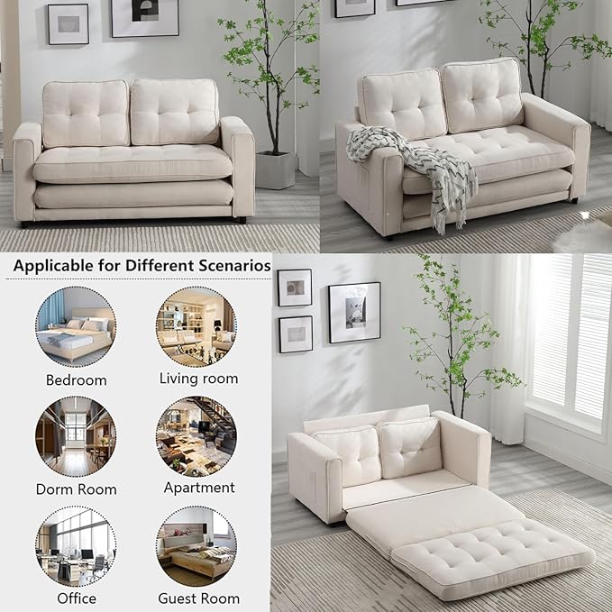 Futon Sofa Bed Convertible Folding Chaise Lounge for Compact Living Studio Bedroom Offices Dorm - Adjustable Pull Out Breathable Small Loveseat (Off White)