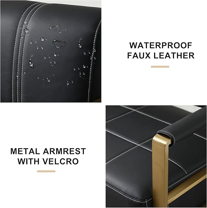 57.9 Modern Leather Loveseat Sofa Upholstery Faux Bonded Leather Accent Futon Couch with Metal Square Arms for Living Room Office Apartment (Black)