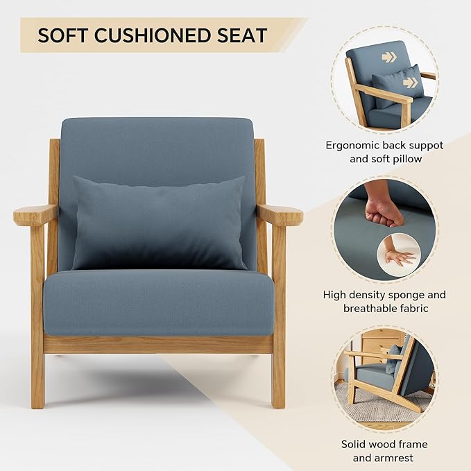 Solid Wood Accent Chair Mid-Century Modern Lounge Armchairs Fabric Upholstered Soft Comfy Living Room Chairs with Armrest Waist Cushion Pillow for Office Reading Waiting Room (Blue)