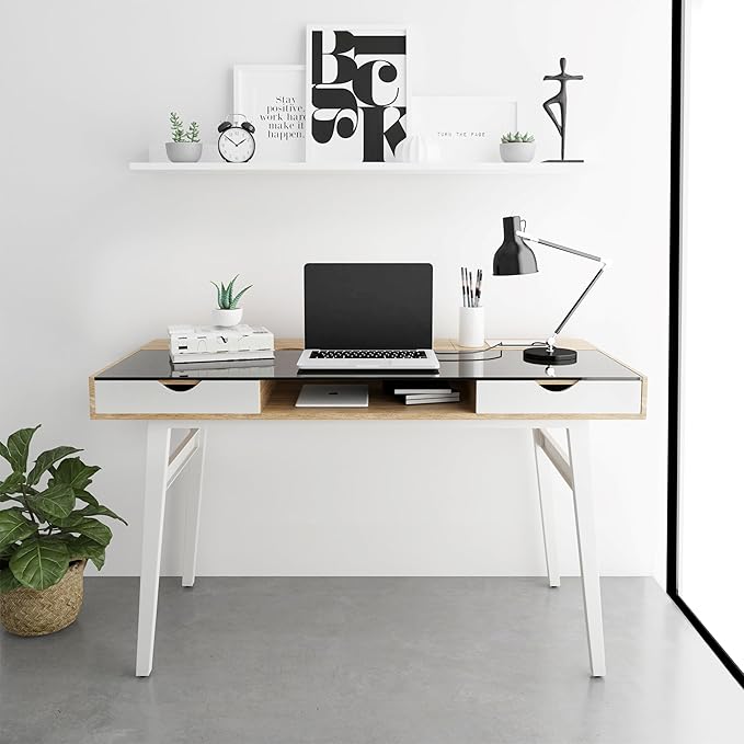 51 Compact Computer Desk with Black Tempered Glass Top Easy-Access Back Storage Compartment 2 Drawers Open Shelf and Cable Management Stylish Home Office Desk with White Steel Frame Walnut