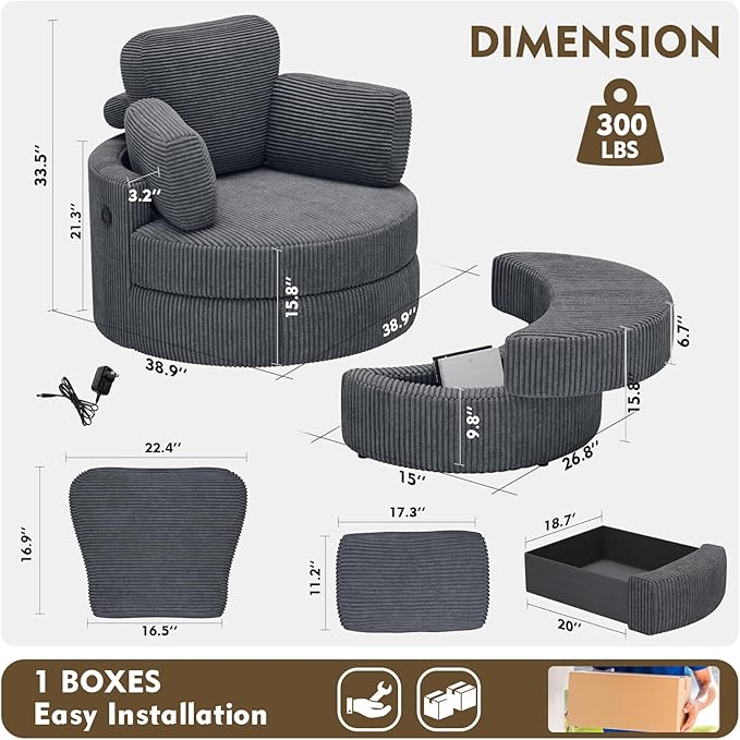 MEISSALIVVE Swivel Accent Chair with Half Moon Ottoman Round Chairs with Drawer Storage for Living Room 360° Barrel Chair with USB Charging Port (Dark Grey Corduroy)
