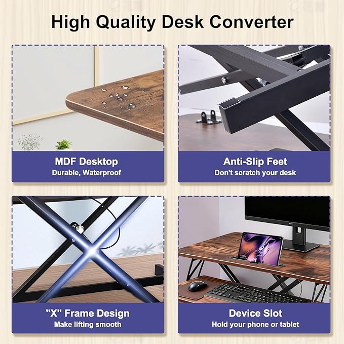38-Inch Height Adjustable Standing Desk Converter Duals Monitor &amp Laptop Riser with Wide Keyboard Tray Sit to Stand Ergonomic Workstation for Home Office School Business Tiger Brown