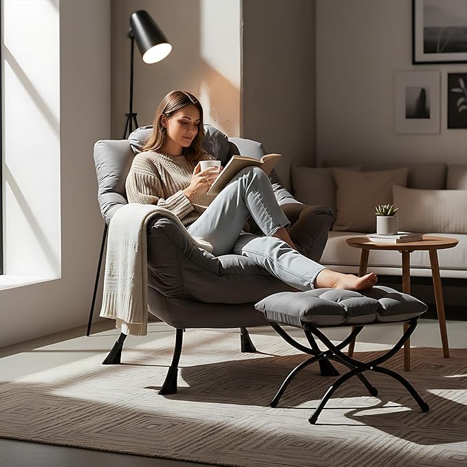 Welnow Lazy Chair with Ottoman Modern Accent Chair with Armrests and a Side Pocket Leisure Sofa Armchair Reading Armchair with Footrest for Small Space Dark Grey