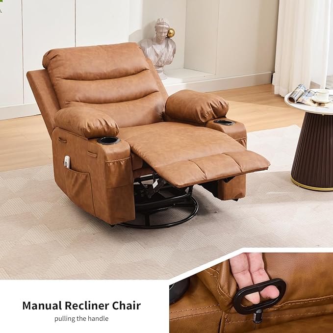 Oversized Swivel Rocker Recliner Chair with Massage &amp Heat 360° Glider with Cup Holders &amp Side Pockets Ergonomic Lounge Sofa for Adults Supports 400 Lbs Perfect for Living Room RV Nurser