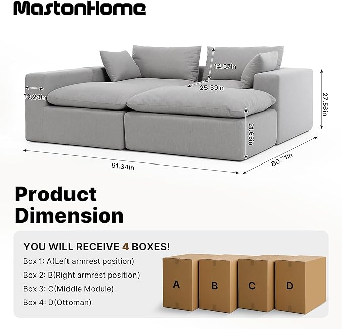 91.34 No Assembly Required Sectional Couch Modern 6-Piece Frameless Modular Sofa with Ottoman Deep Seat Cloud Couches for Living Room Oversized Chenille Comfy Sofa Gray