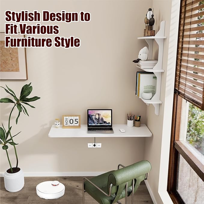 Pmnianhua Wall Mounted Folding Table 47'' Floating Laptop Desk with Shelves Foldable Drop Leaf Table Wall Mount Fold Down Table for Laundry Room Kitchen Bar Home Office Small Space(White)
