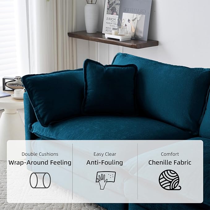 76.7 Modular Sectional Sofa U Shaped Deep Seat Cloud Couch with OttomanConvertible 2-Seater Comfy Chenille Upholstered Sofa Set for Living Room Apartment Studio – Blue