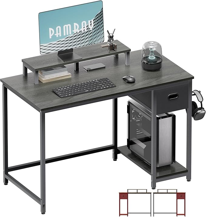 Pamray 39 Inch Computer Desk with Monitor Stand Small Home Office Desks with Non-Woven Storage Drawer for Bedroom Study Table Writing and Work Desk Espresso GrayGray Leg
