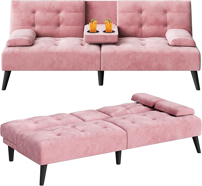 Meilocar Futon Sofa Bed Modern Convertible Sofa Couch Recliner 64 in Adjustable Sofa Bed for Living Room Removable Armrest Pillow 2 Cup Holders 3 Angles Back 5.3FT Pink