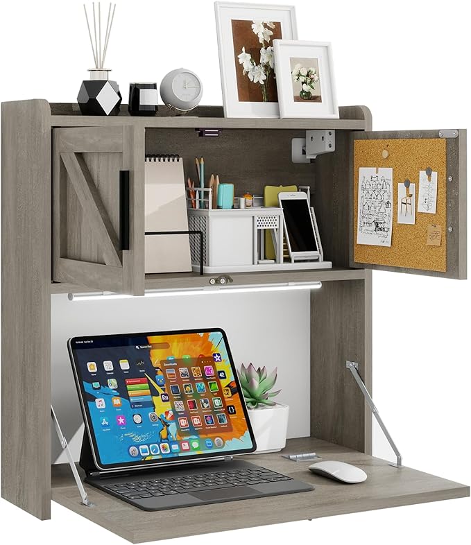 ARTETHYS Wall Mounted Desk with LED Light Farmhouse Multifunctional Fold Down Laptop Computer Table Writing Workstation with Storage Compartments Space Saving for Home Office Gray